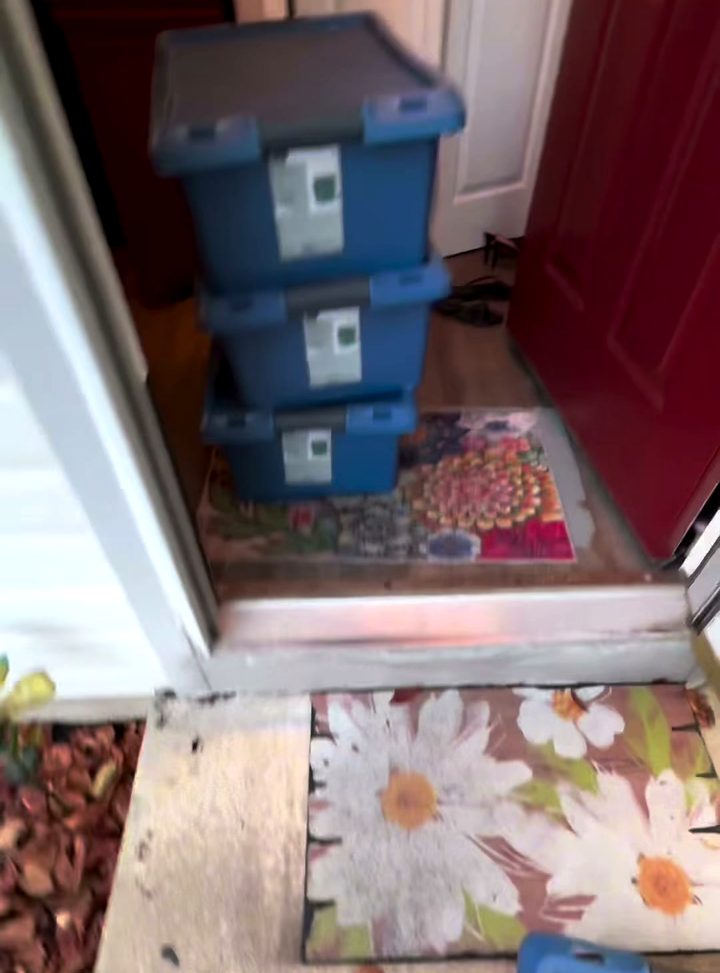 Stacked blue storage totes and boxes in the front hall of a house, ready to be carried out.